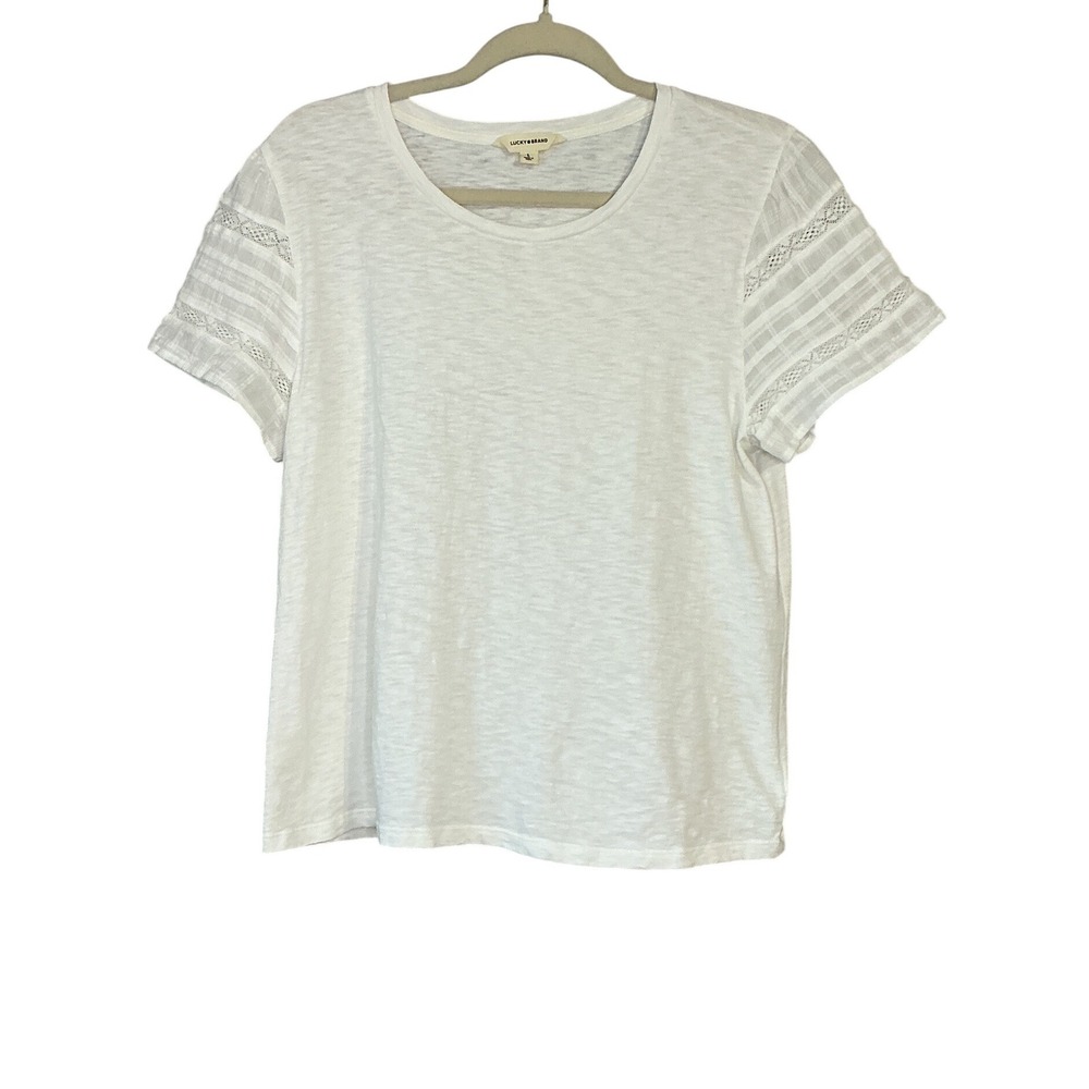 Lucky‎ Brand White Slub Cotton Lace Sleeve Boho Tee Shirt Large